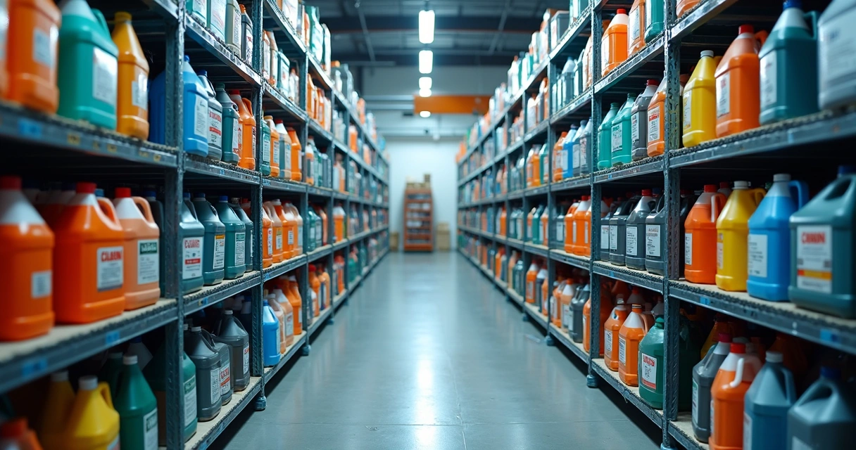 Prateleiras organizadas com produtos de limpeza industrial etiquetados