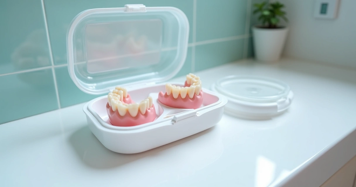 Prótese flexível armazenada em estojo higiênico fechado em banheiro claro