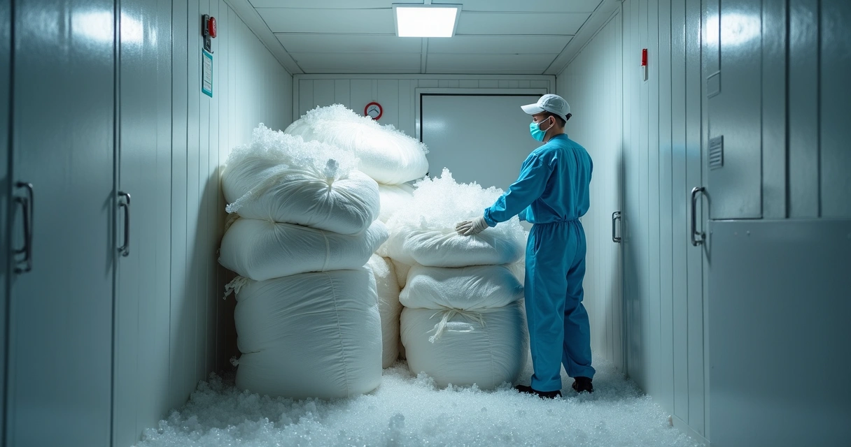 Funcionário armazenando sacos de gelo em ambiente refrigerado 