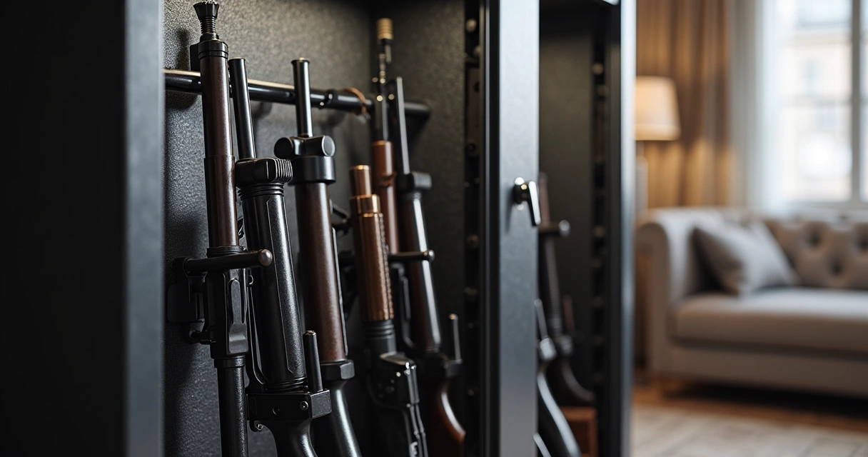 Armas de fogo guardadas em cofre metálico com munições separadas 