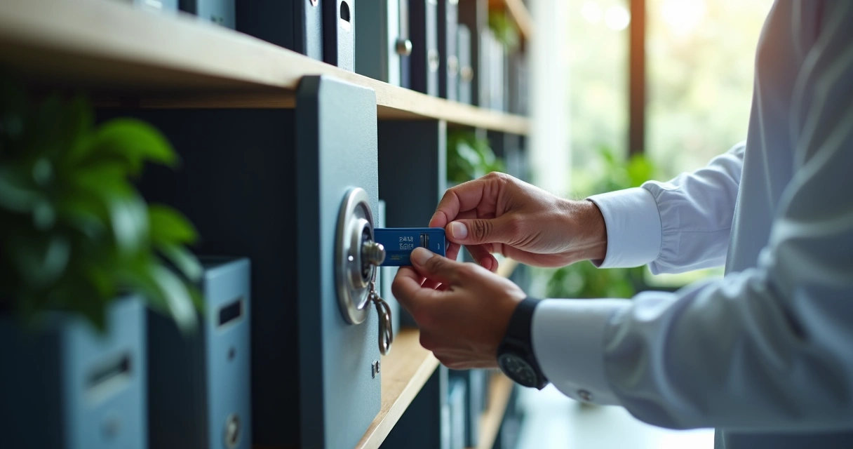 Analista de TI guardando token de certificado digital em cofre de escritório 