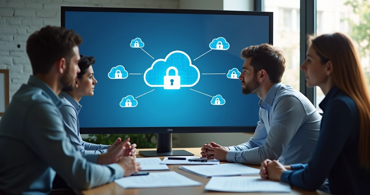 Equipe de escritório contábil reunida em torno de um computador, analisando opções de armazenamento em nuvem em uma tela grande 