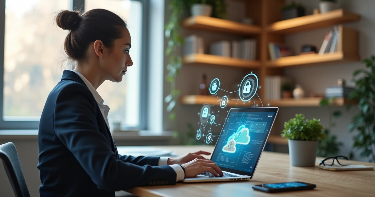 Psicóloga usando laptop com ícones de cadeado e nuvem representando armazenamento seguro de dados de pacientes 