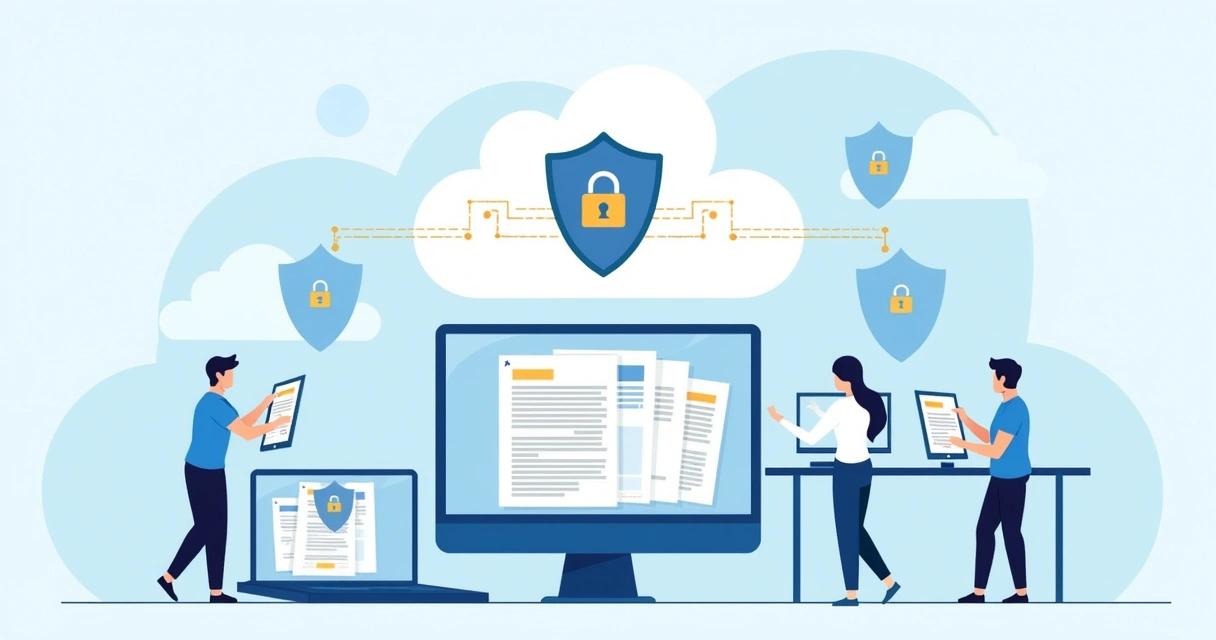 Laudos técnicos digitalizados sendo salvos em nuvem segura com símbolos de proteção