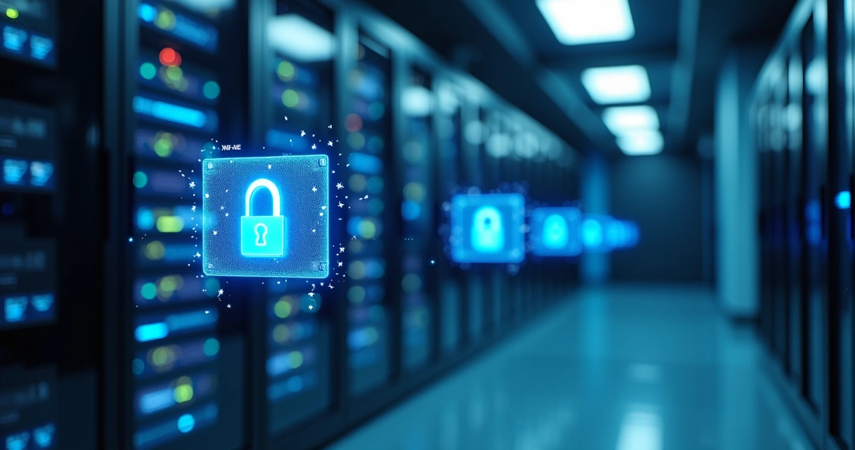 Servidor seguro com pastas digitais representando armazenamento de XML de notas fiscais