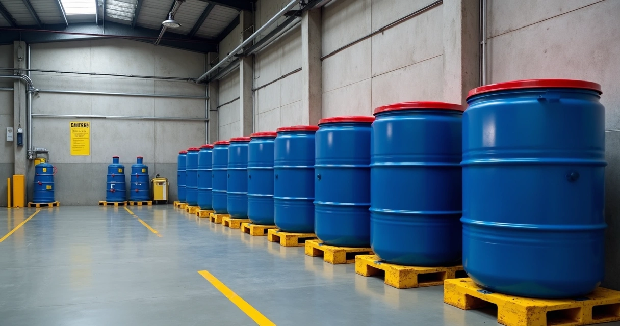 Equipamentos de armazenamento de resíduos oleosos, incluindo bombonas plásticas, pallet de contenção e caixas coletoras 