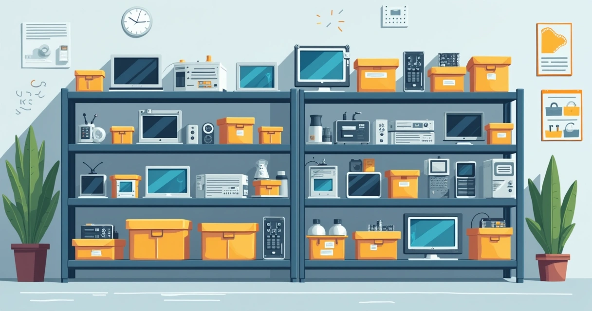 Prateleira organizada com peças eletrônicas danificadas armazenadas em caixas identificadas