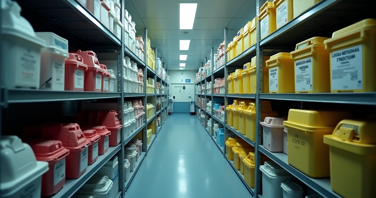 Sala hospitalar com resíduos de saúde armazenados em recipientes padronizados 