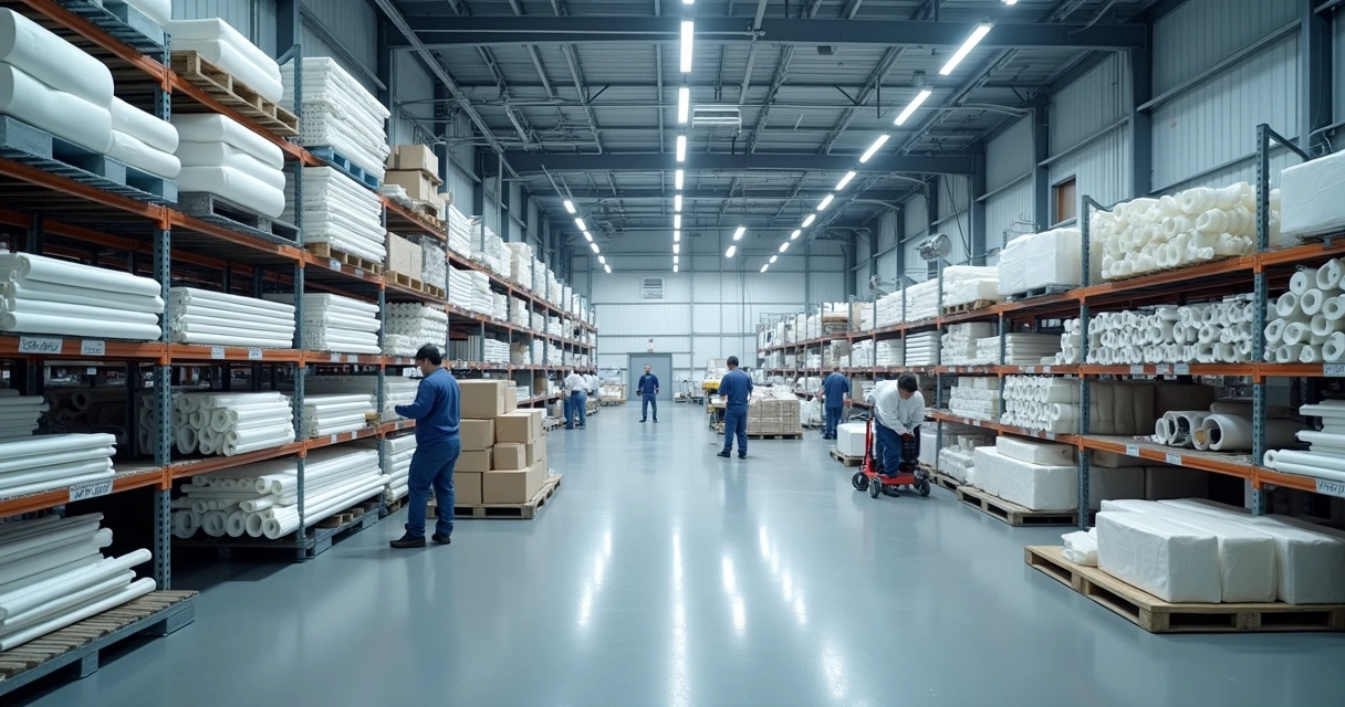 Estoque industrial de peças de PTFE organizadas em prateleiras 