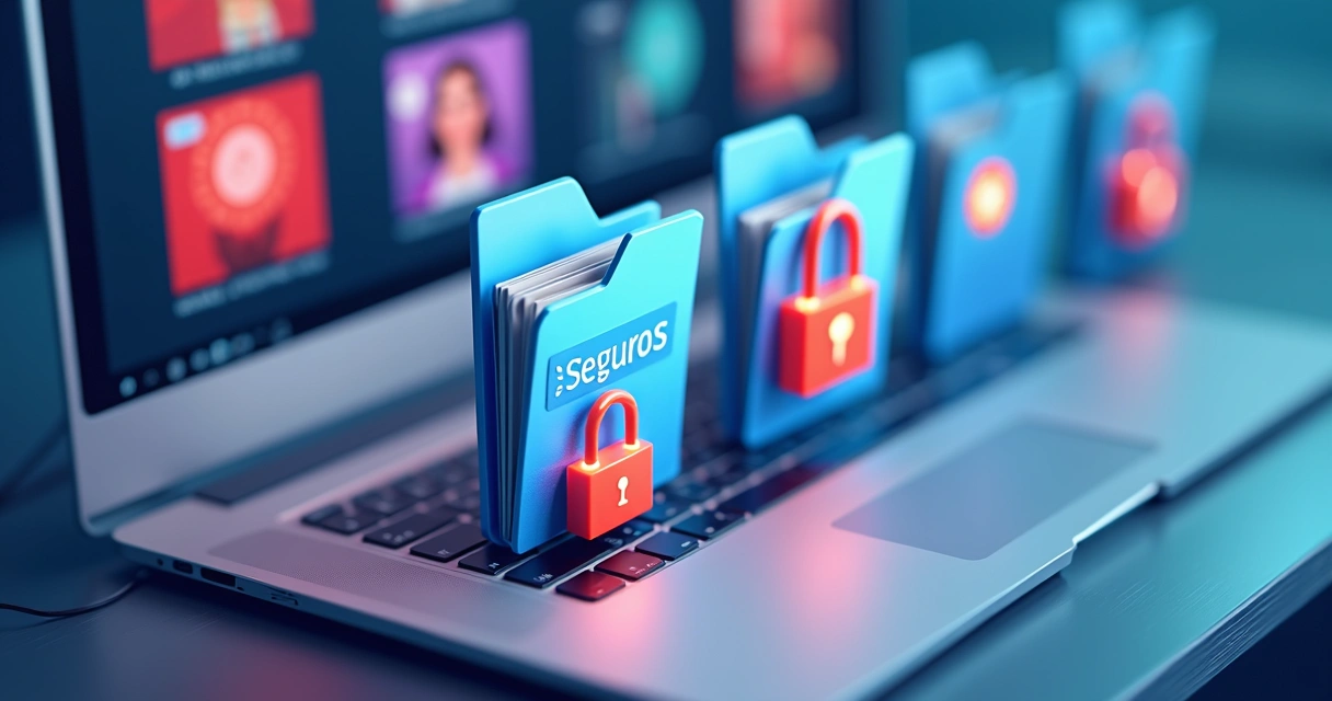 Computador mostrando pastas seguras e vídeos protegidos por cadeados digitais 