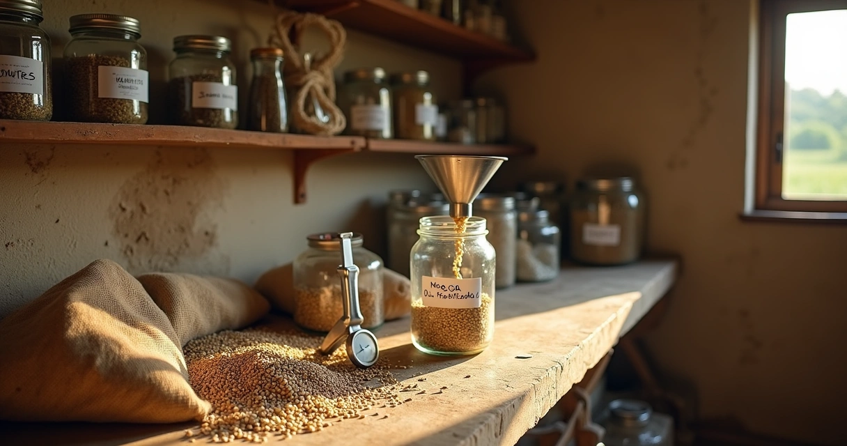 Produtor rural armazenando sementes de moringa em potes etiquetados em prateleira de madeira 