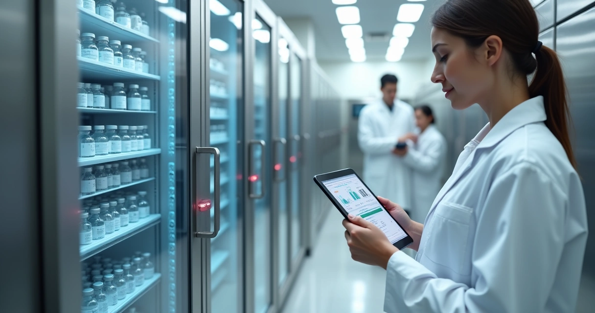Profissional checando termômetro digital em câmara fria com vacinas organizadas 