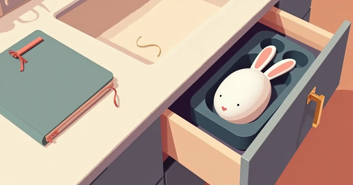 Vibrador rabbit sendo guardado em estojo discreto dentro de gaveta. 
