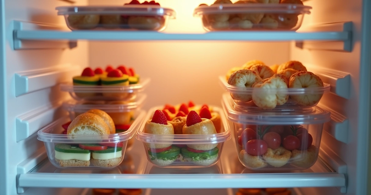 Potinhos plásticos organizados na geladeira com finger food preparados para evento 