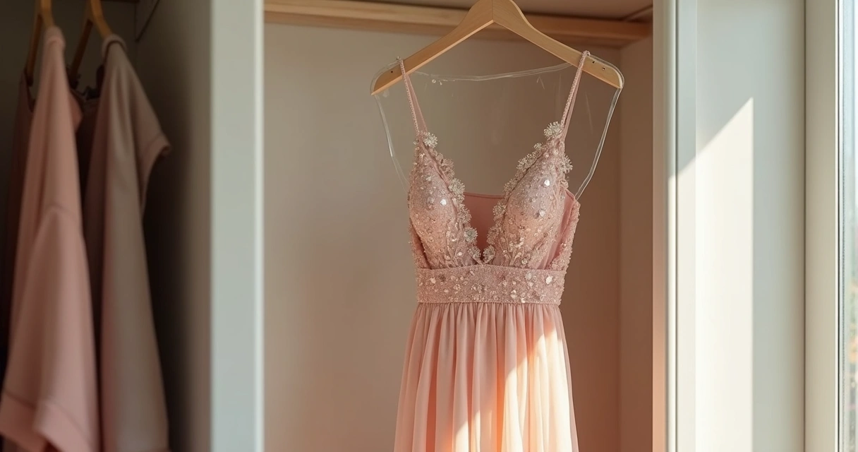 Vestido de festa guardado corretamente, pendurado em cabide largo dentro de capa transparente respirável 