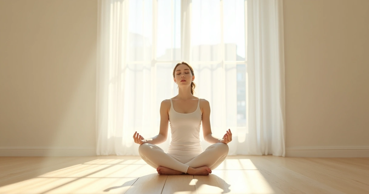 Persona en postura de serenidad meditando en un espacio luminoso 