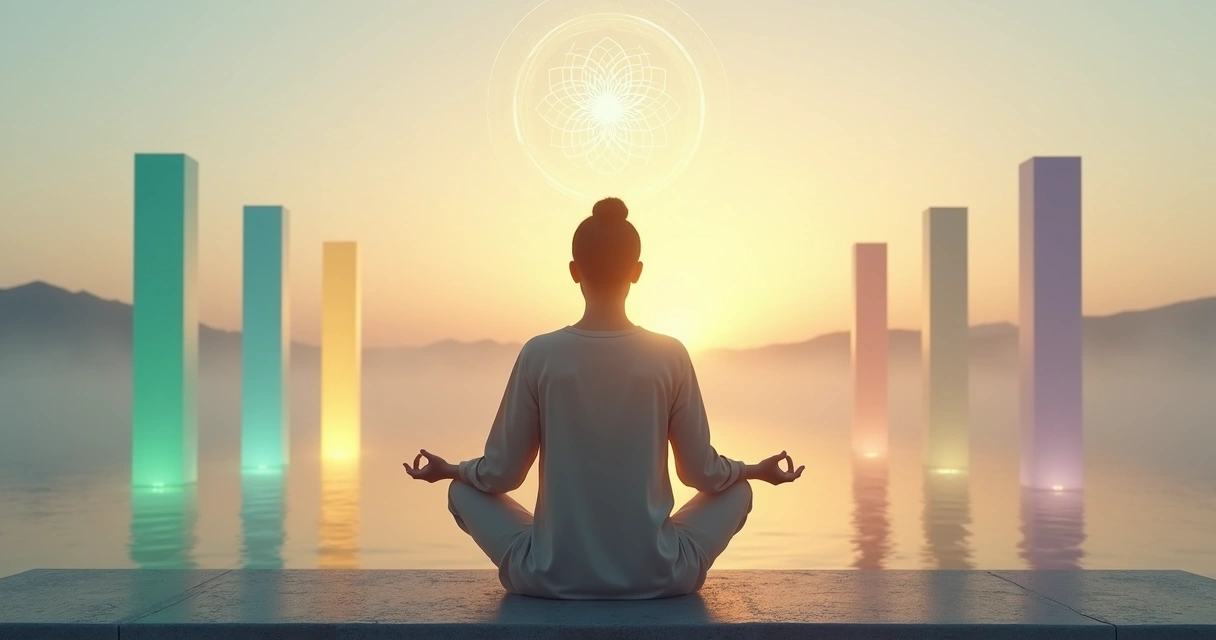 Persona meditando con cinco pilares de luz alrededor y un mandala de consciencia 