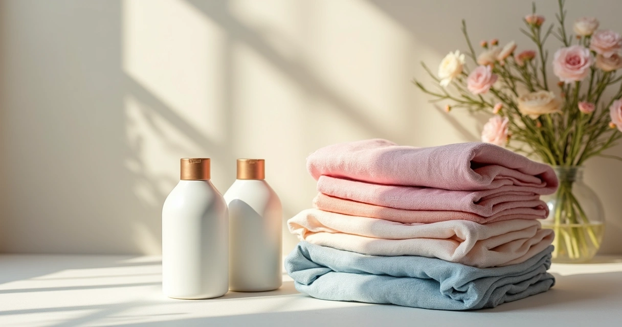 Roupas empilhadas com frascos de amaciantes refinados ao lado