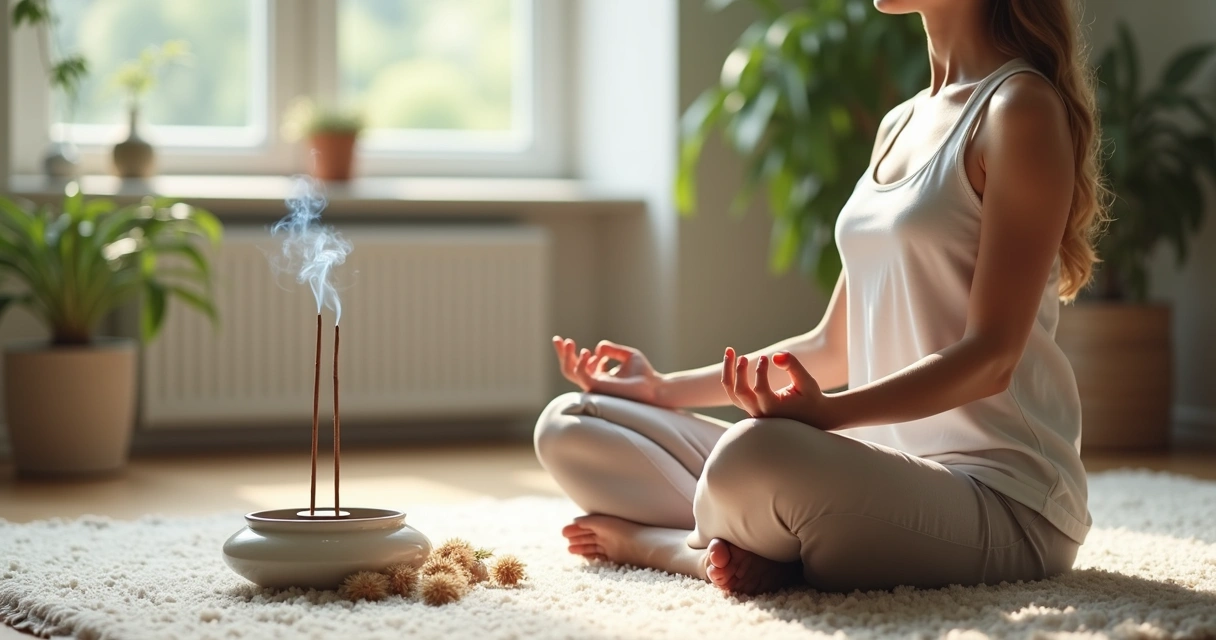 Mulher sentada em posição de meditação no tapete, com incenso aceso ao lado em ambiente claro. 