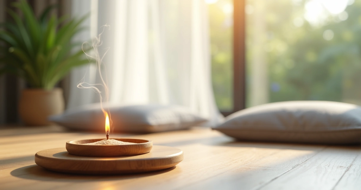 Incenso aceso soltando fumaça suave em ambiente tranquilo 