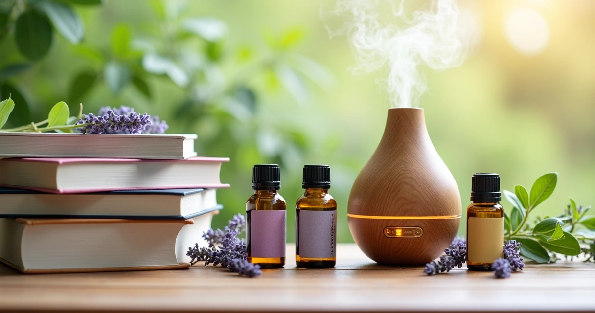 Frascos de óleos essenciais com etiquetas, difusor de aromas em madeira e livros sobre neurociência em mesa clara 