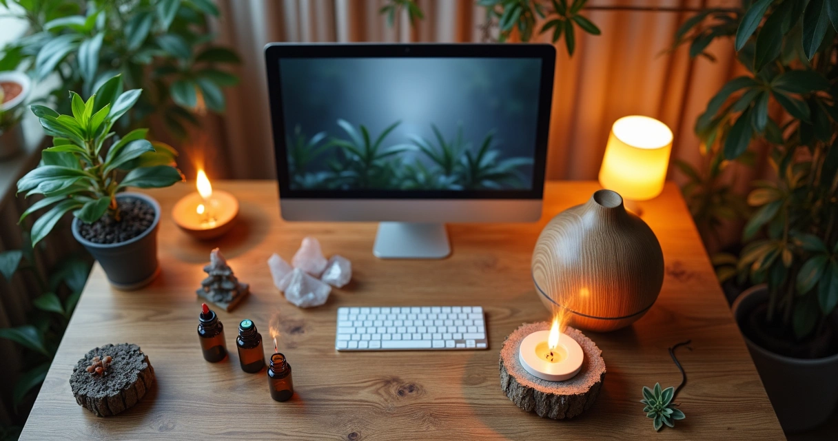 Aromas no escritório com difusores, velas e cristais