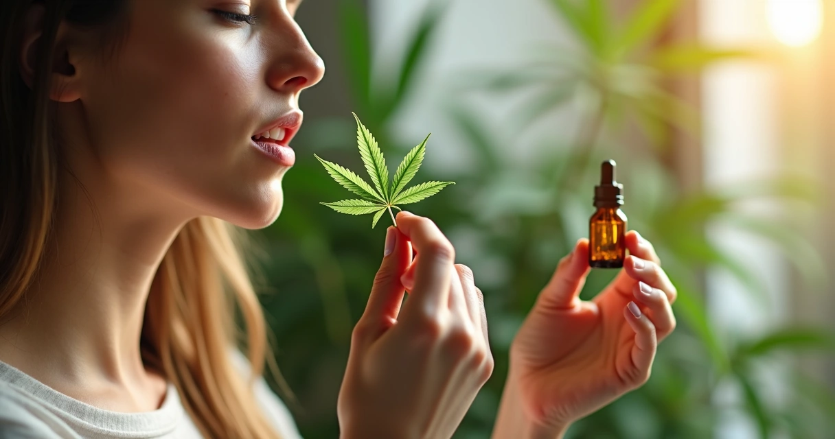 Ser humano inalando aroma de cannabis junto a óleos essenciais 