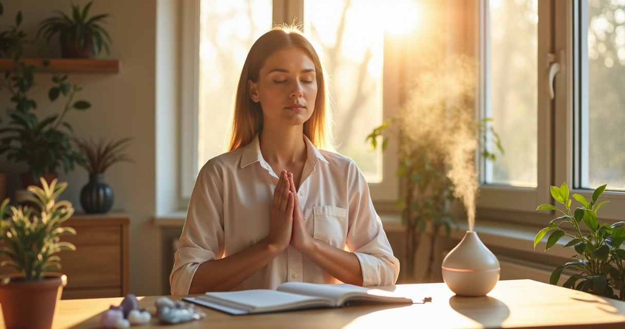 Difusor de aromas, cristais e uma mulher meditando em escritório 
