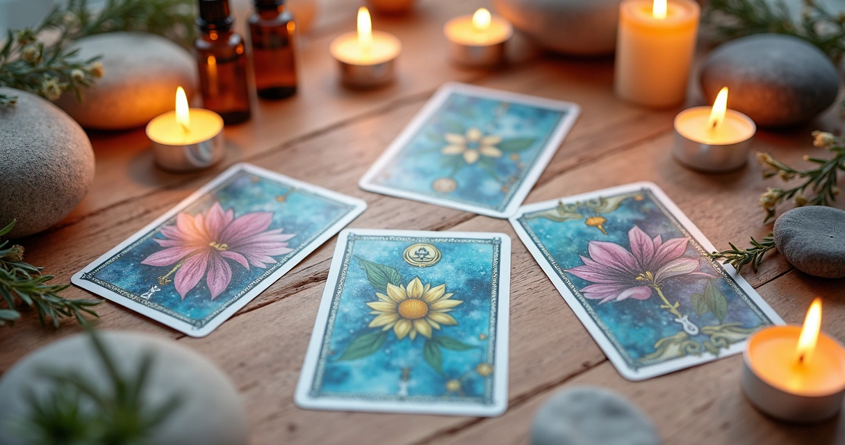 Velas aromáticas e cartas de tarot organizadas 