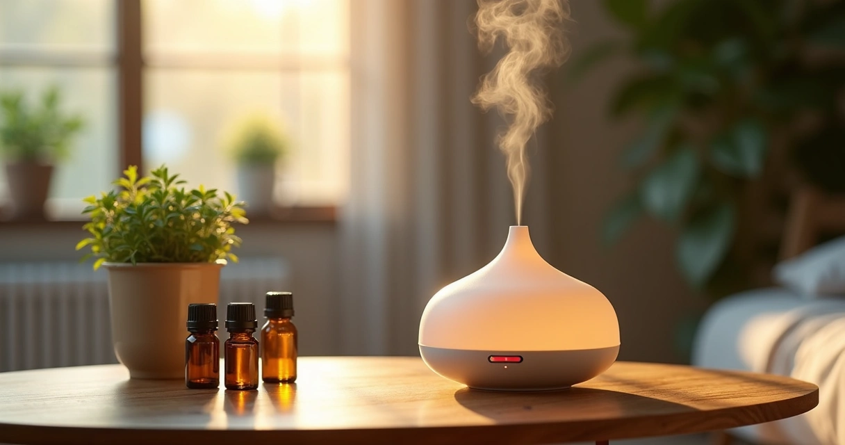 Difusor com óleo essencial em mesa de madeira, próximo a planta, com frascos de essência ao lado