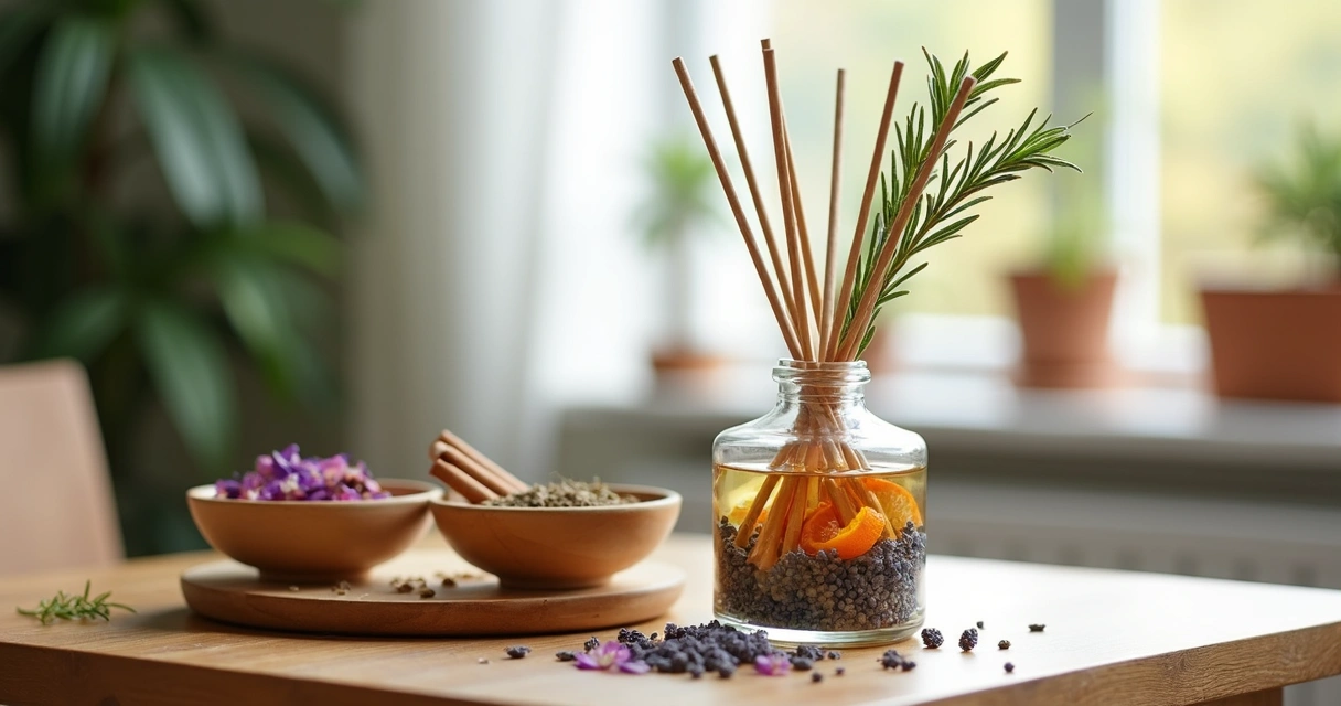 Aromatizador de mesa com ervas e cascas de laranja ao lado de flores secas 