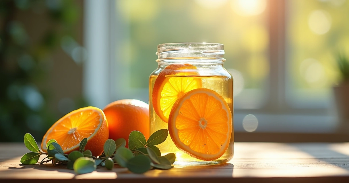 Aromatizador artesanal de laranja e limão em pote de vidro sobre mesa 