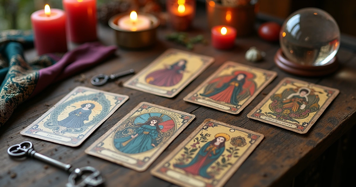 Mesa decorada com cartas cortadas e objetos místicos ligados à cultura cigana 