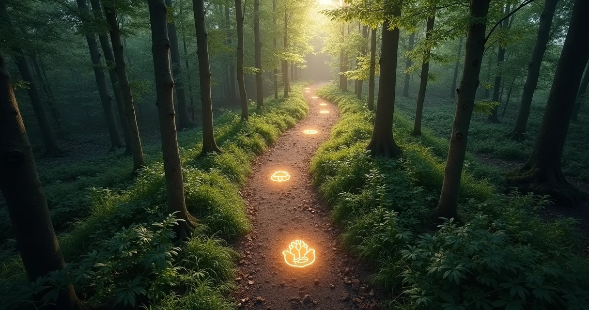 Caminho de pedras em meio à floresta representando a jornada da vida com quatro símbolos de arquétipos, um em cada lado do caminho. 
