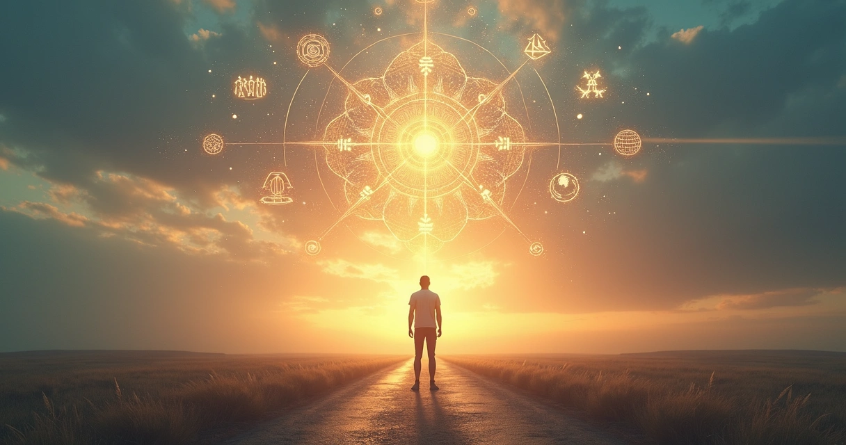 Silhueta humana com múltiplos símbolos coletivos influenciando uma escolha em encruzilhada 