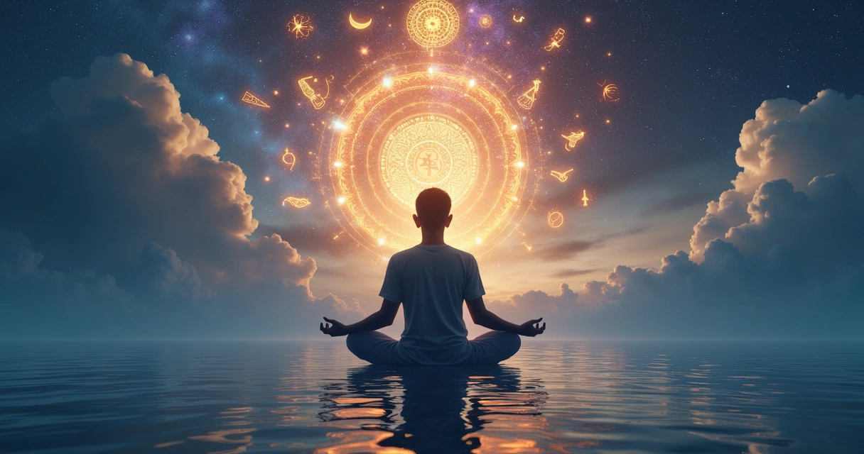 Representação de arquétipos e símbolos flutuando sobre a cabeça de uma pessoa em meditação, com elementos visuais de sonhos e constelação sistêmica ao fundo 