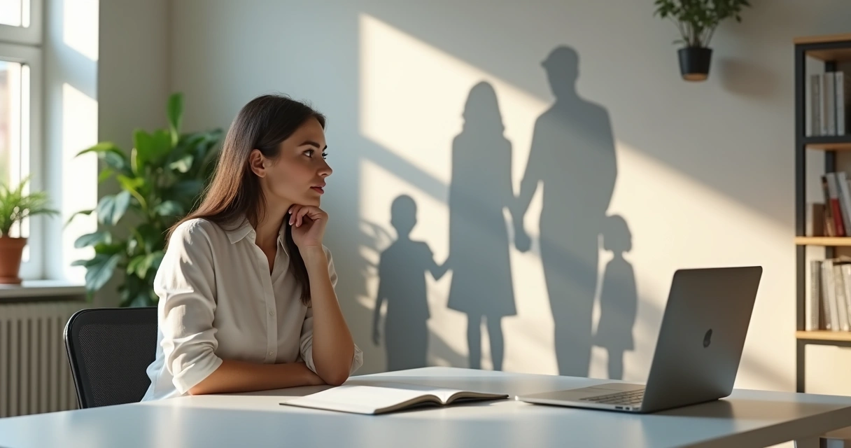Mulher adulta em ambiente de trabalho olhando para sombras de familiares projetadas na parede 
