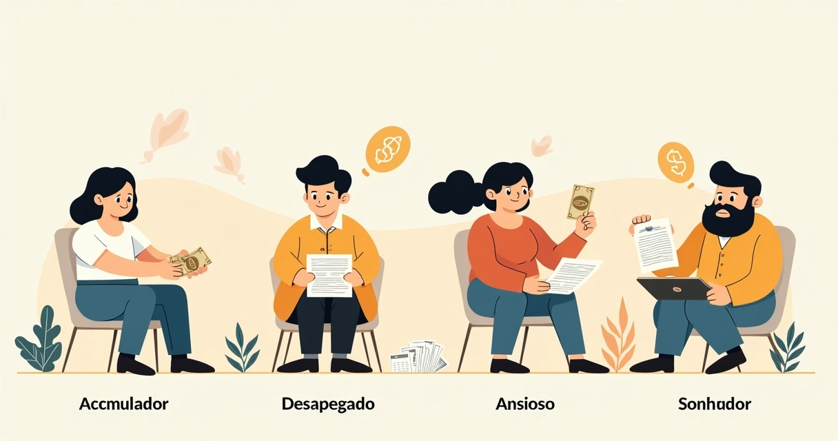 Ilustração com quatro perfis financeiros, cada um com sua expressão característica, sobre fundo neutro e clean 