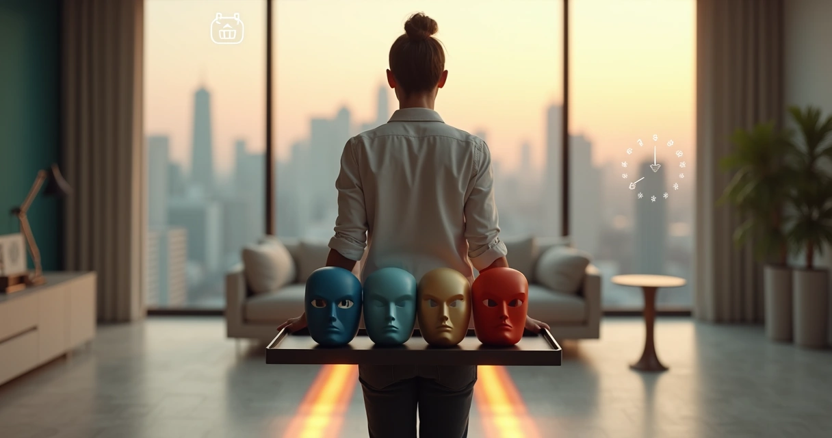 Profissional segurando máscaras ilustrando diferentes arquétipos financeiros diante de vários caminhos iluminados 