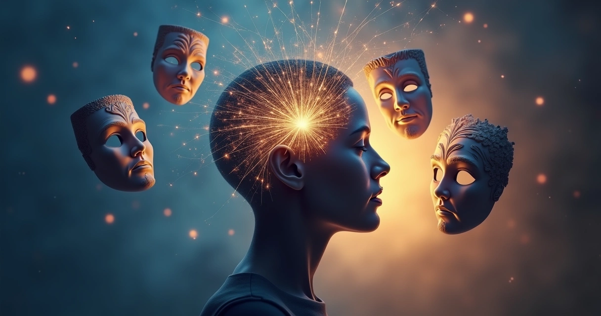 Silhueta humana com múltiplas máscaras em volta representando arquétipos e identidade emocional 
