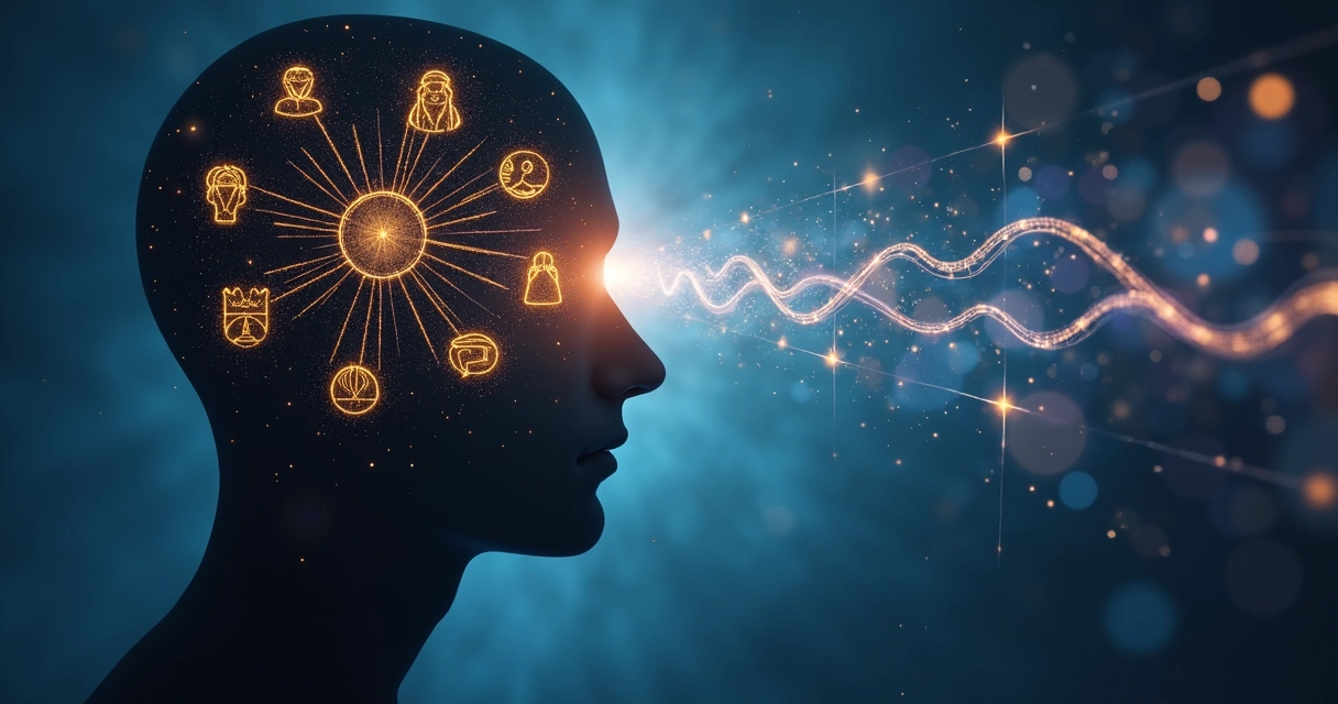 Silhueta humana com símbolos de arquétipos e setas de escolha ao redor da cabeça 