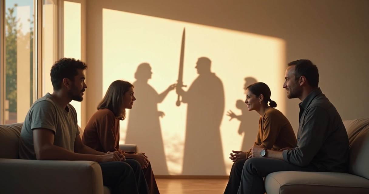 Pessoas interagindo e arquétipos como sombras ao fundo