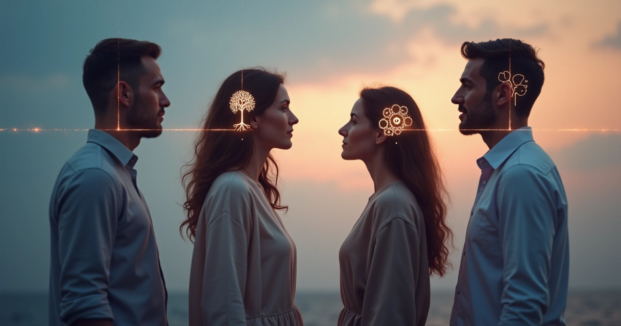 Personas conectadas por símbolos arquetípicos luminosos en un entorno abstracto 