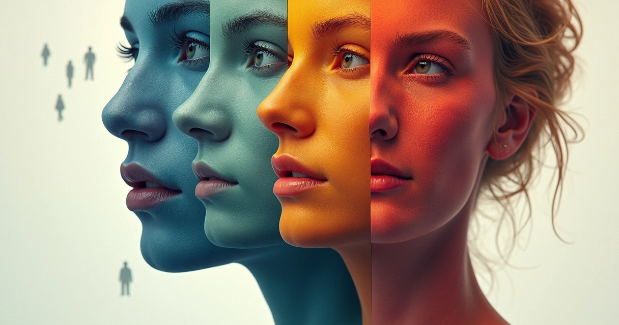 Rosto de pessoa dividido em vários perfis arquétipos sociais 