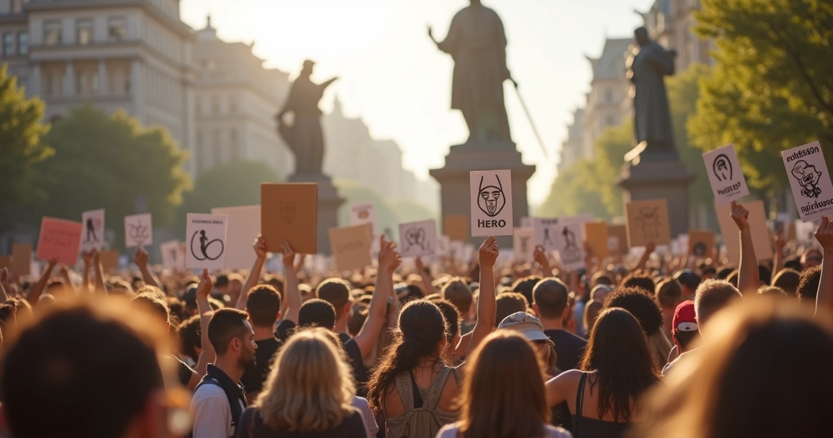 Manifestação social com figuras simbolizando arquétipos de mudança coletiva.