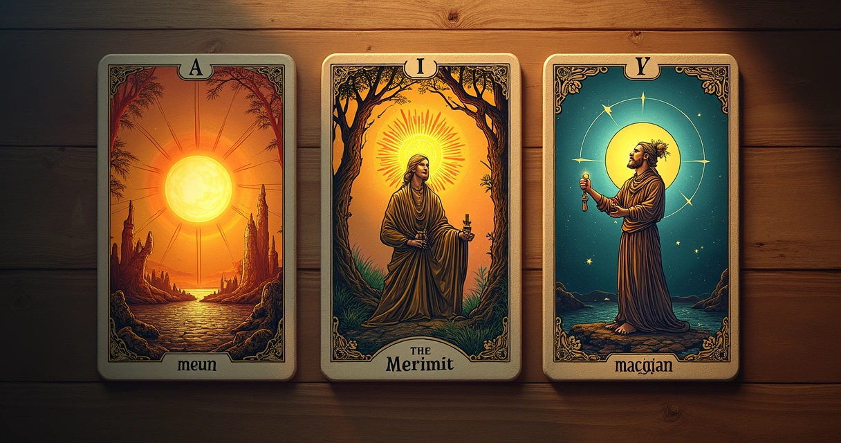 Cartas de tarot mostrando os arcanos Sol, Eremita e Mago, lado a lado sobre uma superfície de madeira