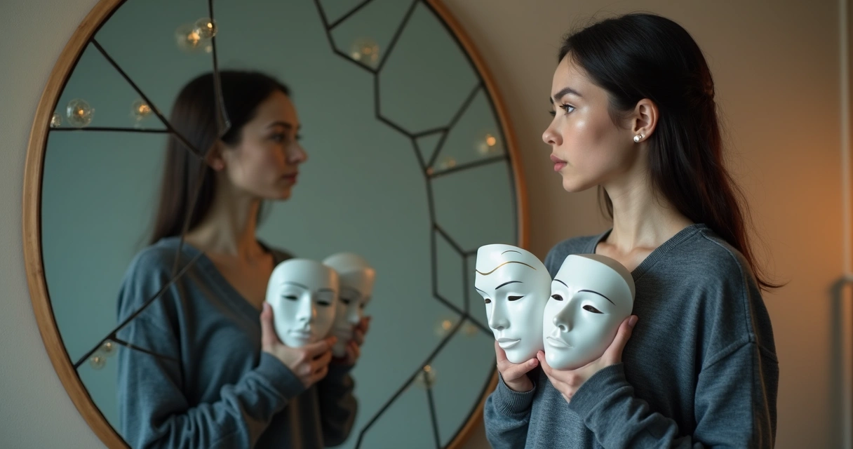 Pessoa com máscaras arquétipos refletidas em espelho fragmentado 