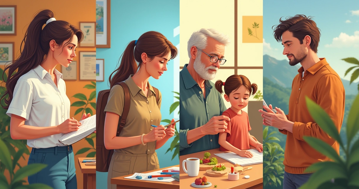 Representação de pessoas em diferentes ambientes simbolizando arquétipos da vida