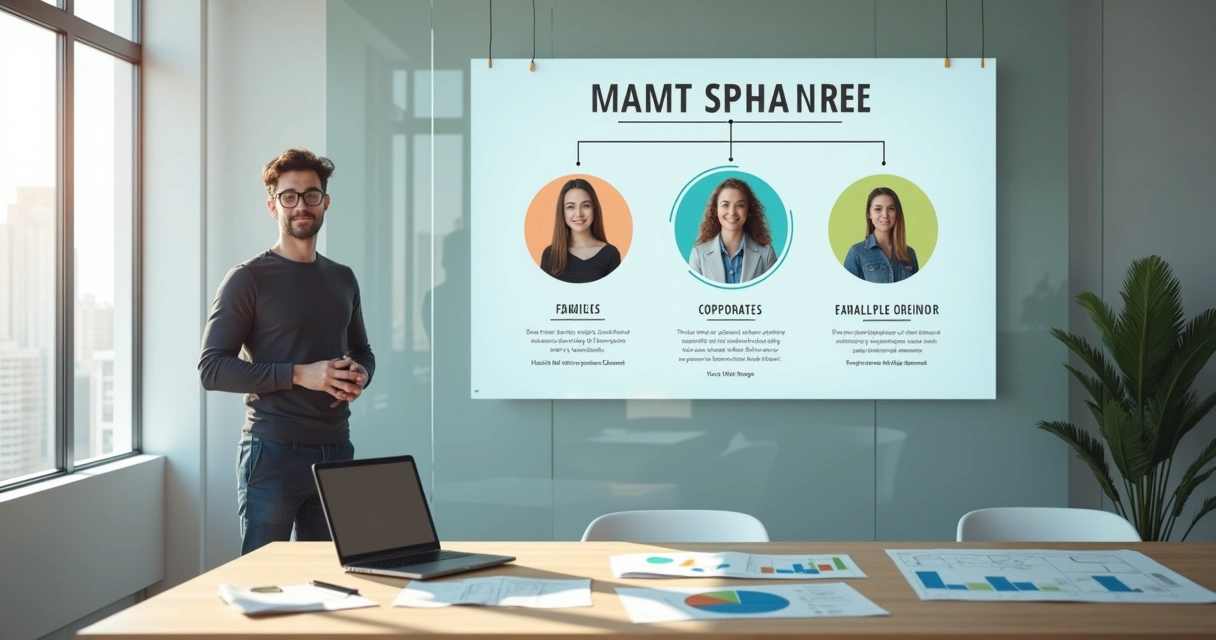 Arquiteto em escritório moderno analisando painel com perfis de clientes e nichos de mercado 