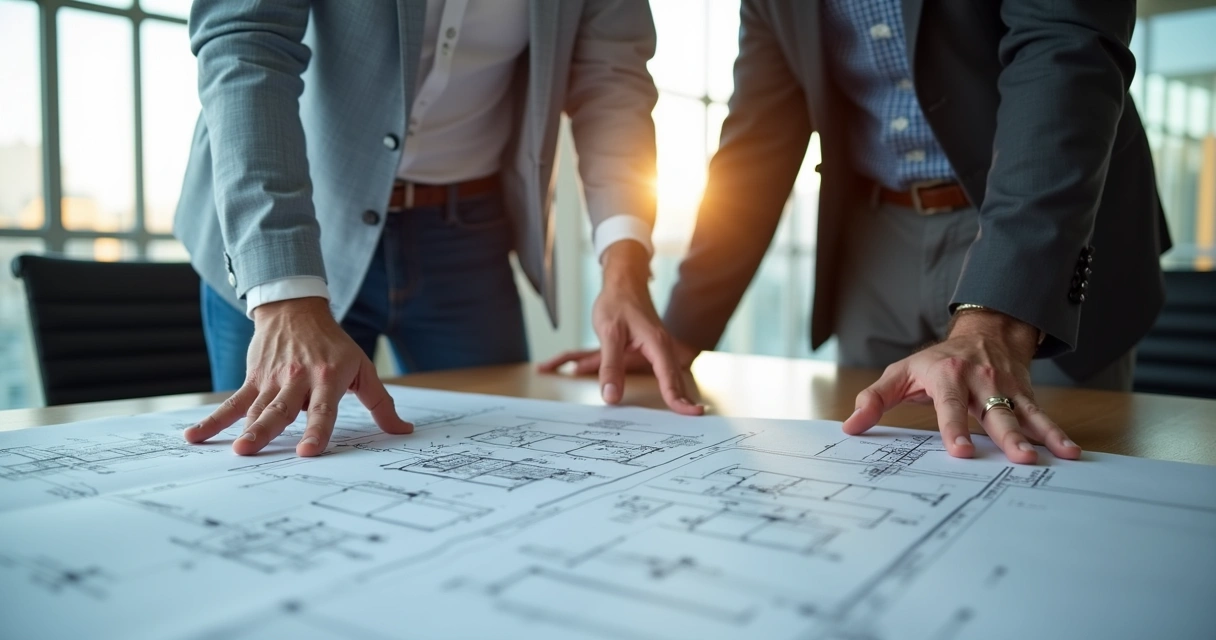 Arquiteto e gestor discutindo integração de projeto e manutenção em sala de reuniões 